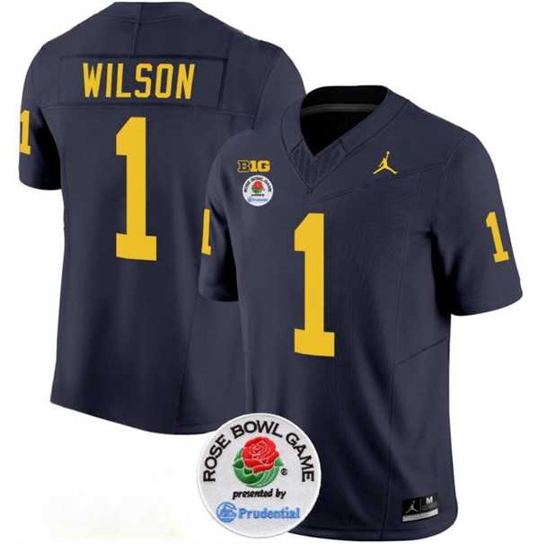 Mens Michigan Wolverines #1 Roman Wilson 2023 F.U.S.E. Navy Blue Rose Bowl Patch Stitched Jersey Dzhi